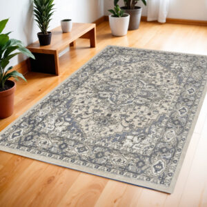 4' X 6' Blue and Ivory Medallion Power Loom Distressed Area Rug