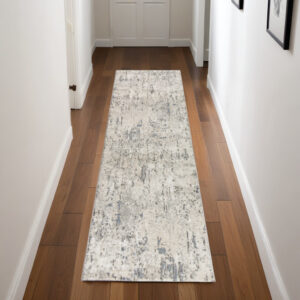 8' Ivory Blue And Gray Abstract Runner Rug