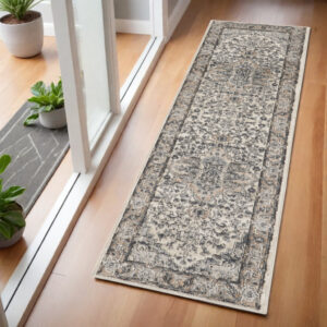 6' Gray And Ivory Medallion Distressed Runner Rug