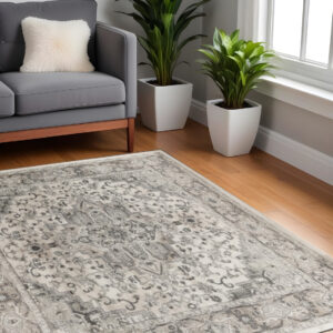 4' Gray and Ivory Square Medallion Power Loom Distressed Area Rug