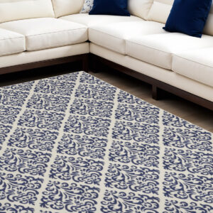 6' X 9' Blue and White Damask Power Loom Area Rug