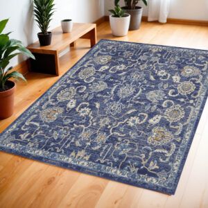 4' X 6' Blue and Beige Floral Power Loom Area Rug