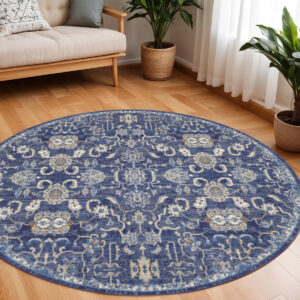 8' Blue and Beige Round Floral Power Loom Area Rug