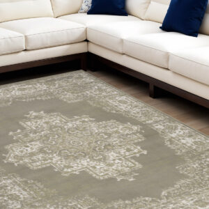 8' X 10' Green and Ivory Medallion Power Loom Distressed Area Rug