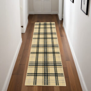 8' Beige And Black Plaid Runner Rug