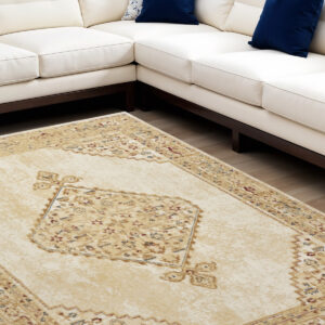 8' X 10' Beige and Ivory Medallion Power Loom Distressed Area Rug