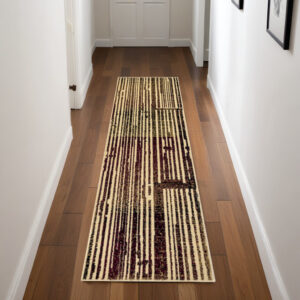 8' Tan Black and Red Striped Non Skid Runner Rug