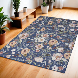 4' X 6' Blue and Pink Floral Power Loom Non Skid Area Rug