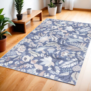 4' X 6' Blue and Ivory Floral Power Loom Washable Non Skid Area Rug