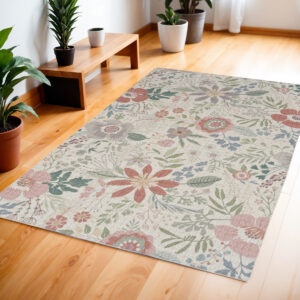 4' X 6' Gray and Pink Floral Power Loom Washable Non Skid Area Rug