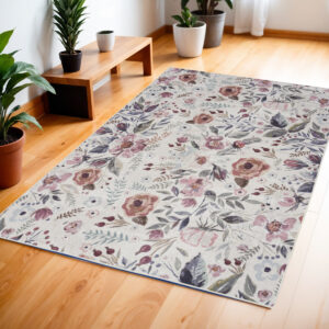 4' X 6' Pink and Ivory Floral Power Loom Washable Non Skid Area Rug