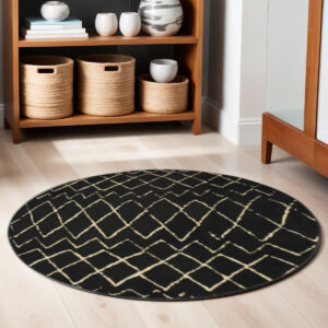 5' Beige and Black Round Abstract Power Loom Area Rug