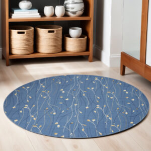4' Blue And Beige Floral Vines Round Rug