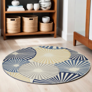 5' Blue and Beige Round Geometric Power Loom Area Rug