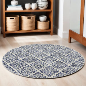 5' Blue and White Round Damask Power Loom Area Rug