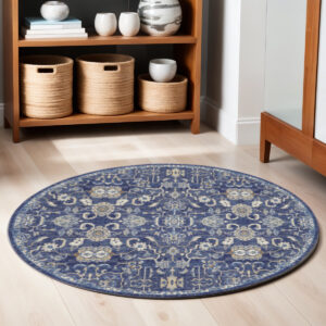 5' Blue and Gold Round Oriental Power Loom Area Rug