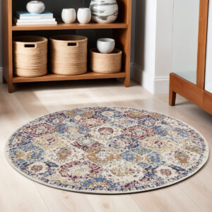 5' Ivory Red and Blue Ogee Distressed Non Skid Round Rug