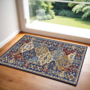 2' X 4' Red Blue And Light Brown Ogee Distressed Area Rug