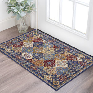 3' X 5' Red Blue and Light Brown Ogee Distressed Non Skid Area Rug