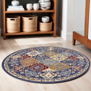 5' Red Blue and Light Brown Ogee Distressed Non Skid Round Rug