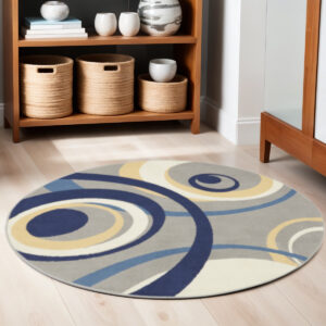 5' Gray and Blue Round Geometric Power Loom Area Rug