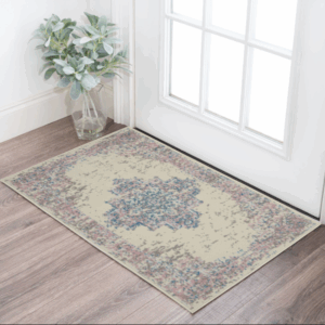 2' X 4' Ivory Pink And Blue Medallion Distressed Area Rug