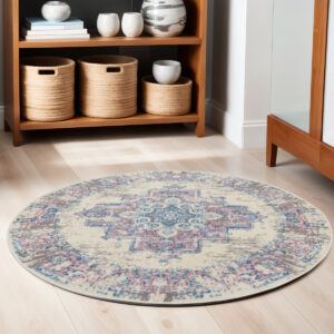5' Ivory Pink and Blue Medallion Distressed Non Skid Round Rug