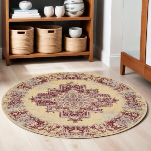 5' Cream Gray and Red Medallion Distressed Non Skid Round Rug
