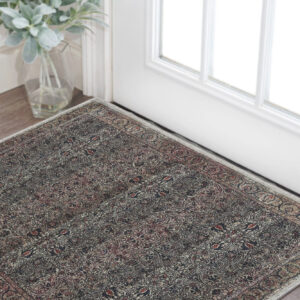 2' X 4' Blue and Yellow Oriental Power Loom Distressed Washable Non Skid Area Rug