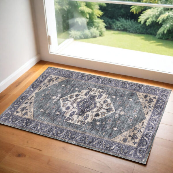 2' X 4' Blue and Ivory Medallion Power Loom Distressed Washable Non Skid Area Rug