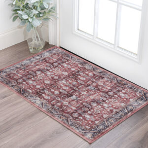 2' X 4' Red and Ivory Floral Power Loom Distressed Washable Non Skid Area Rug