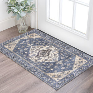 2' X 4' Blue and Ivory Medallion Power Loom Distressed Washable Non Skid Area Rug