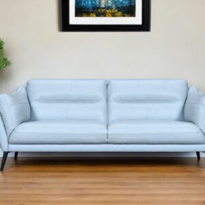 87" Sky Blue Leather Sofa With Black Legs