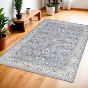 4' X 6' Beige and Blue Floral Distressed Non Skid Area Rug