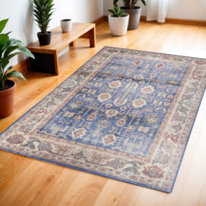 4' X 6' Beige Blue and Red Oriental Distressed Non Skid Area Rug