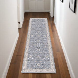 8' Beige and Blue Floral Distressed Non Skid Runner Rug