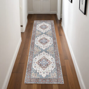 8' Ivory Red and Blue Medallion Distressed Non Skid Runner Rug