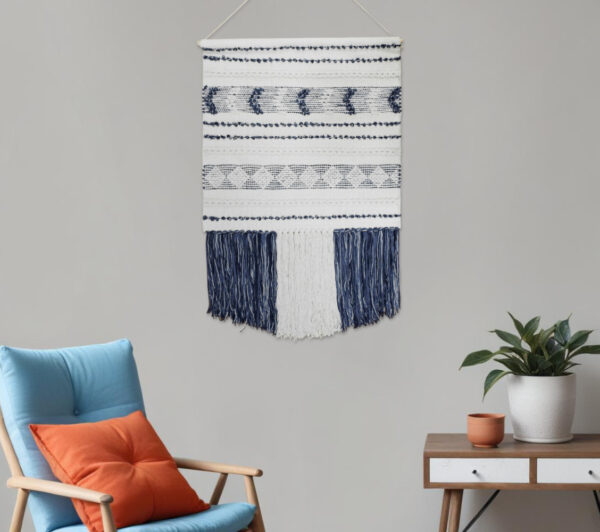 26" X 51" White And Blue Geometric Cotton Macrame Hanging Tapestry