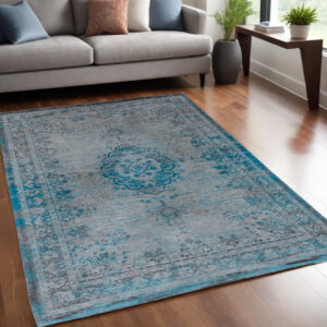 5' X 7' Gray and Green Medallion Non Skid Area Rug