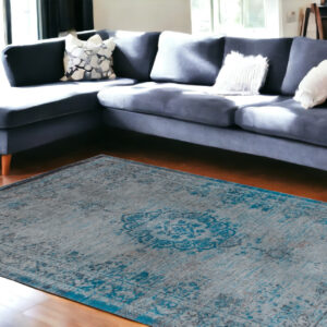 6' X 8' Gray and Green Medallion Non Skid Area Rug