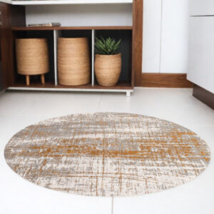 5' Gray and Gold Round Abstract Non Skid Area Rug