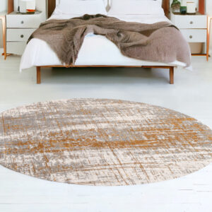 8' Gray and Gold Round Abstract Non Skid Area Rug