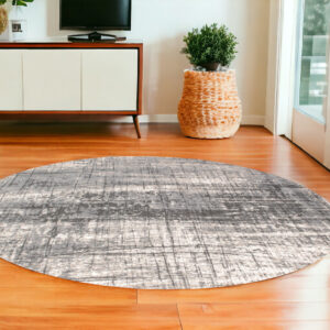 8' Gray and White Round Abstract Non Skid Area Rug