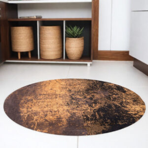 5' Yellow and Brown Round Abstract Non Skid Area Rug