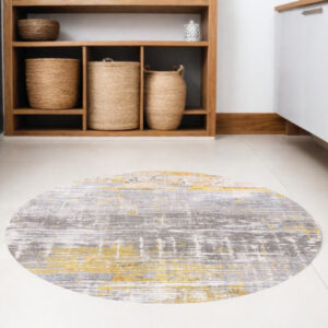 5' Gray and Yellow Round Abstract Non Skid Area Rug