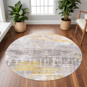 8' Gray and Yellow Round Abstract Non Skid Area Rug