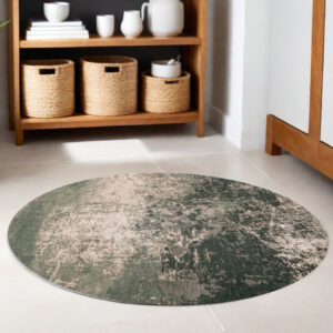 5' Beige and Green Round Abstract Non Skid Area Rug