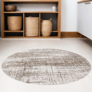 5' Gray and Beige Round Abstract Non Skid Area Rug