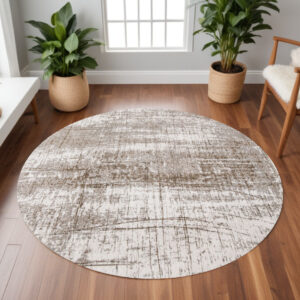 8' Gray and Beige Round Abstract Non Skid Area Rug