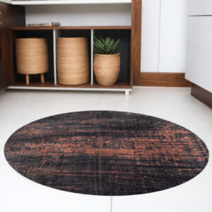 5' Black and Gold Round Abstract Non Skid Area Rug